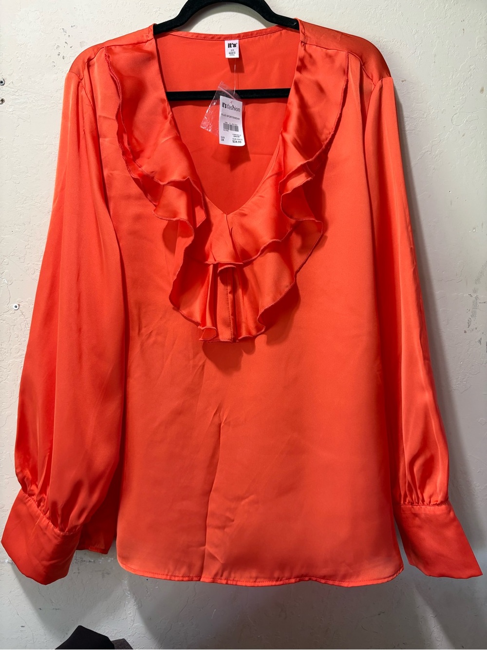 Satin Ruffle V-Neck Blouse in Bright Orange